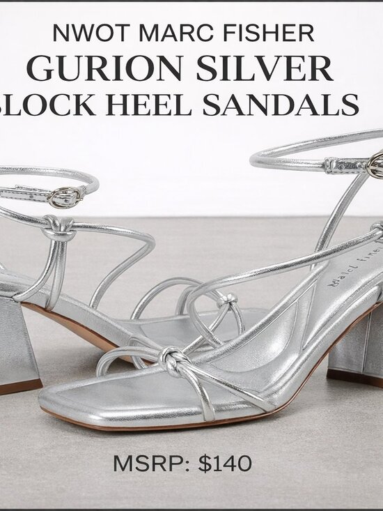 Marc Fisher Shoes - NWT Marc Fisher Gurion Silver Block Heel Sandals 9.5 Metallic Ankle Strap Party
